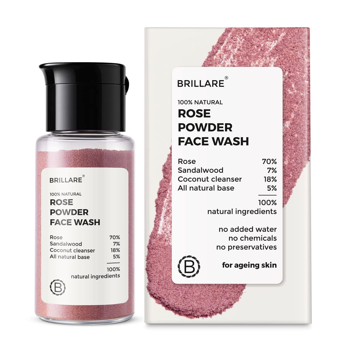BRILLARE Real Rose Powder Facial Cleanser, Mild Face Exfoliator with Rose Petal Powder & S