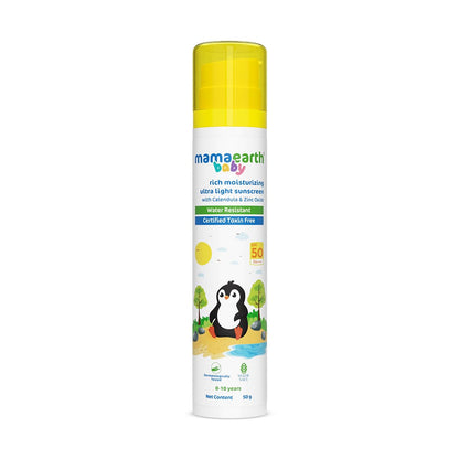Mamaearth Baby Rich Moisturizing Ultra Light Sunscreen-50g SPF 50 & PA++++|Water Resistant|Lightweight & Moisturizing|Suits all Skin Type|Safe For Babies|Dermatological Tested|Hydrating Sun Protection