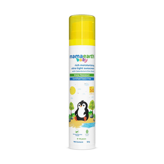 Mamaearth Baby Rich Moisturizing Ultra Light Sunscreen-50g SPF 50 & PA++++|Water Resistant|Lightweight & Moisturizing|Suits all Skin Type|Safe For Babies|Dermatological Tested|Hydrating Sun Protection