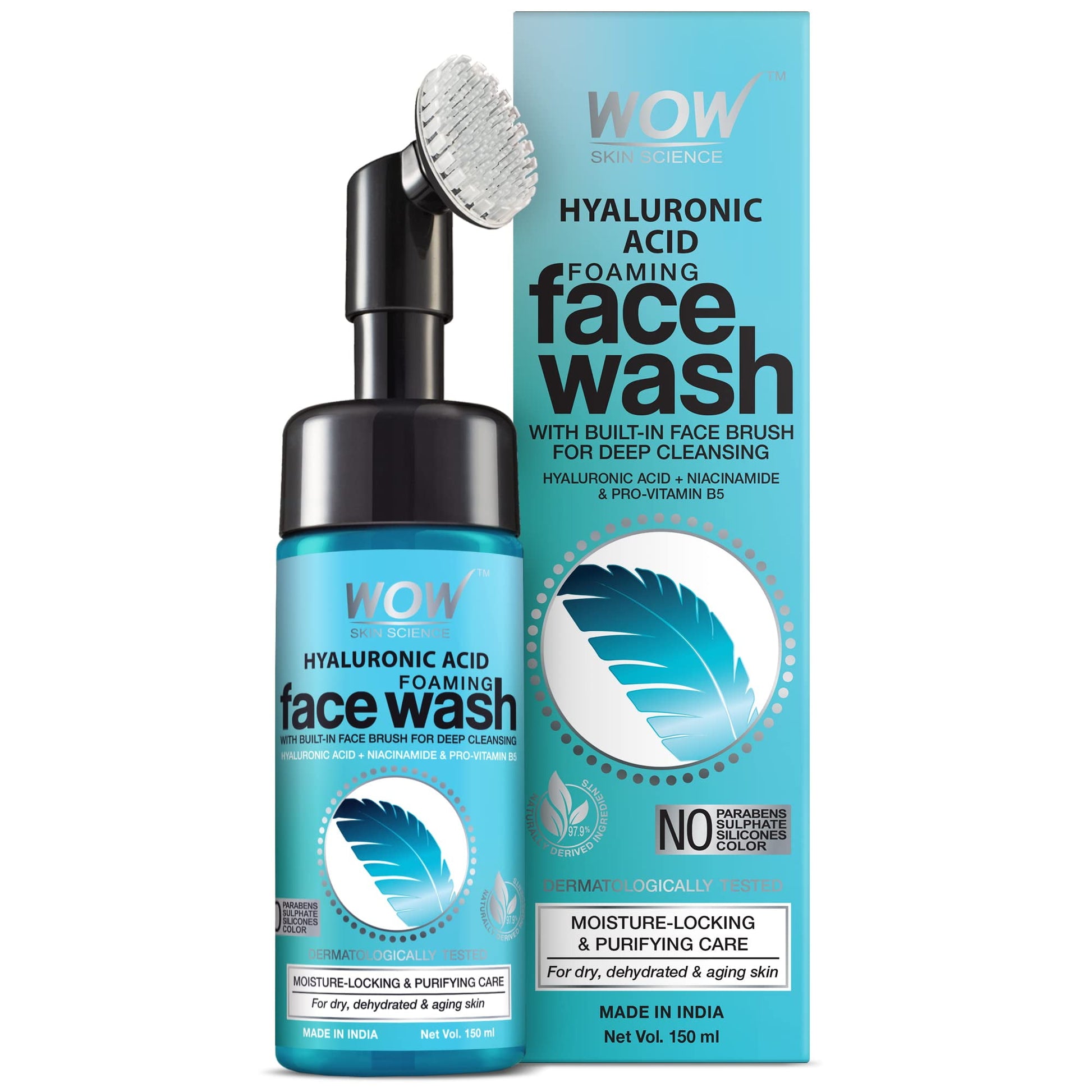 Wow Skin Science Hyaluronic Acid Foaming FaceWash - With Built-In Brush - Facial Wash For