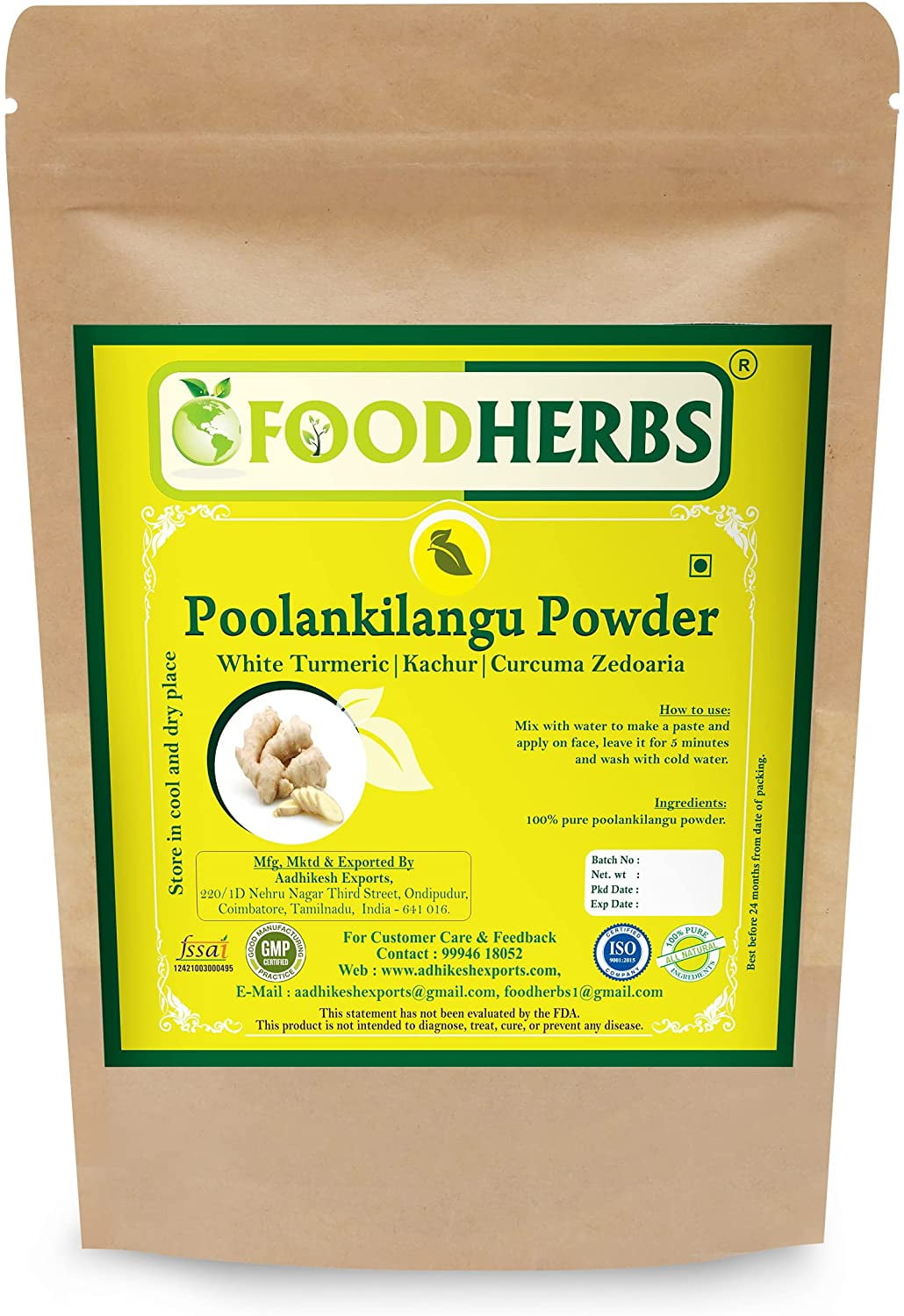 Foodherbs Kachur/White Turmeric/Poolankilangu/Curcuma Zedoaria Powder (200 Gm/0.44 Lbs) fo
