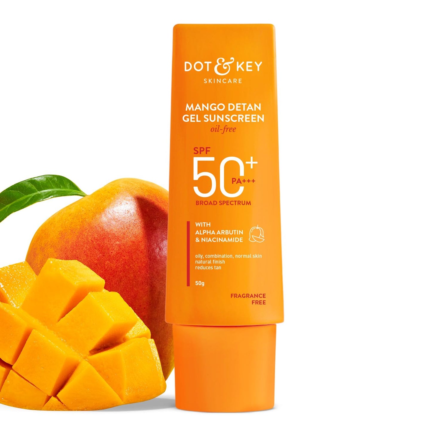 Dot & Key Mango Detan Gel Sunscreen SPF 50+ PA+++ 50g | Oil-Free, With Alpha-Arbutin & Nia