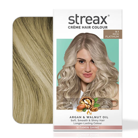 Streax Permanent Hair Colour: 9.1 Rich Platinum Ash, 120ml, With Argan & Walnut