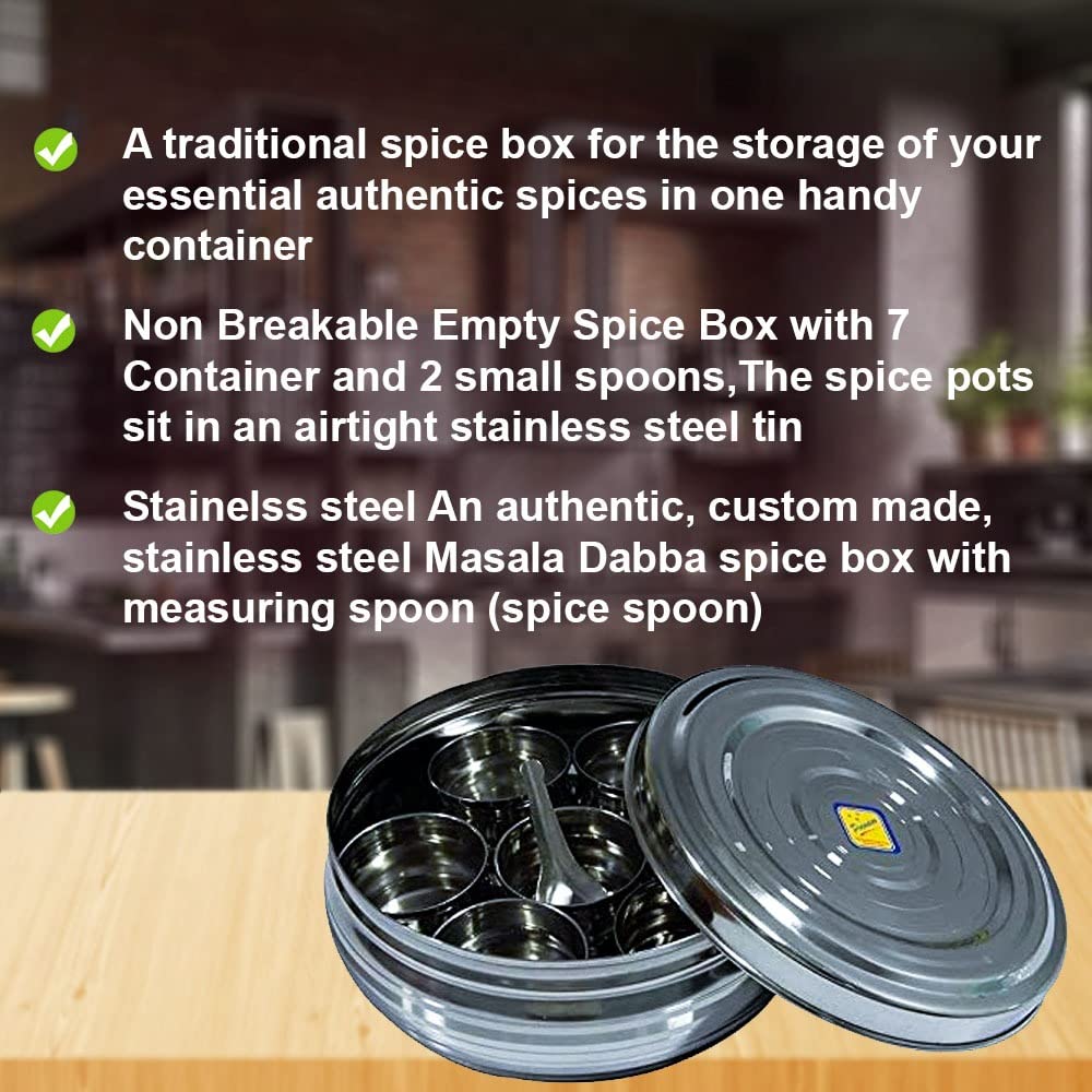iKonbi Large Stainless Steel Masala Dabba Spice Container Box with 7 Shelves 8 * 8 * 3 Inches