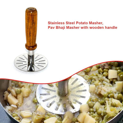 iKonbi Stainless Steel Round Pav Bhaji Masher, Potato Masher with Wooden Handle, 1-Piece,