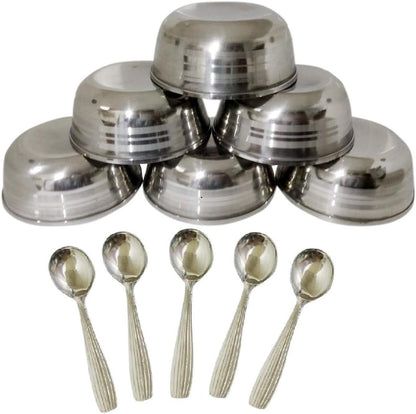 iKonbi 12 pcs Stainless Steel Daal and Soup Bowls with Soup Spoons 10 x 10 x 12 Centimeters
