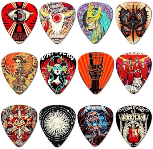 ZIBUYU 12Pcs Guitar Picks PVC Guitar Picks with Thin, Medium & Heavy Picks Rock Aesthetic