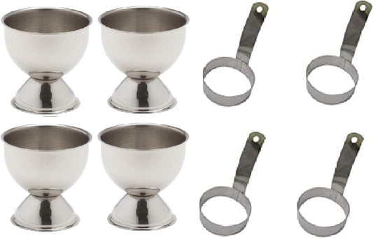 iKonbi Stainless Steel Round Egg/Pancake Rings with Handles and Egg Cups – Set of 4 +