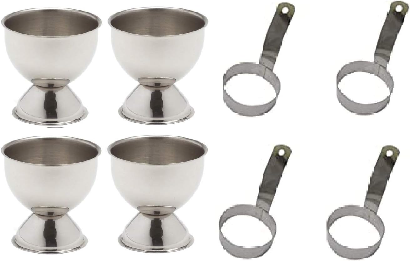 iKonbi Stainless Steel Round Egg/Pancake Rings with Handles and Egg Cups Set of 4 + 4