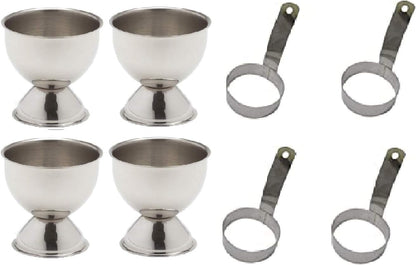 iKonbi Stainless Steel Round Egg/Pancake Rings with Handles and Egg Cups Set of 4 + 4