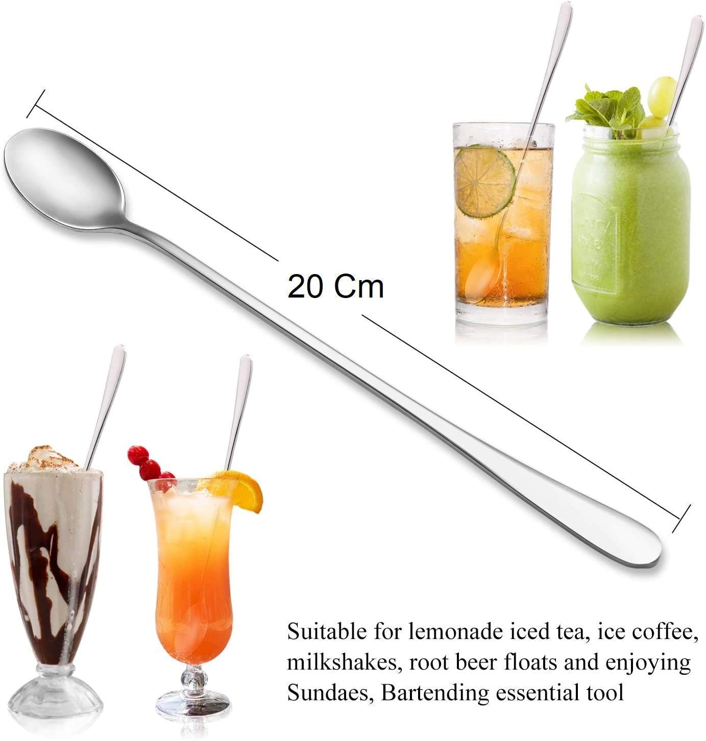 iKonbi Stainless Steel 4 Pcs Soda Spoons/Milkshake Spoon/Bar Spoon 8 inch- Set of 4