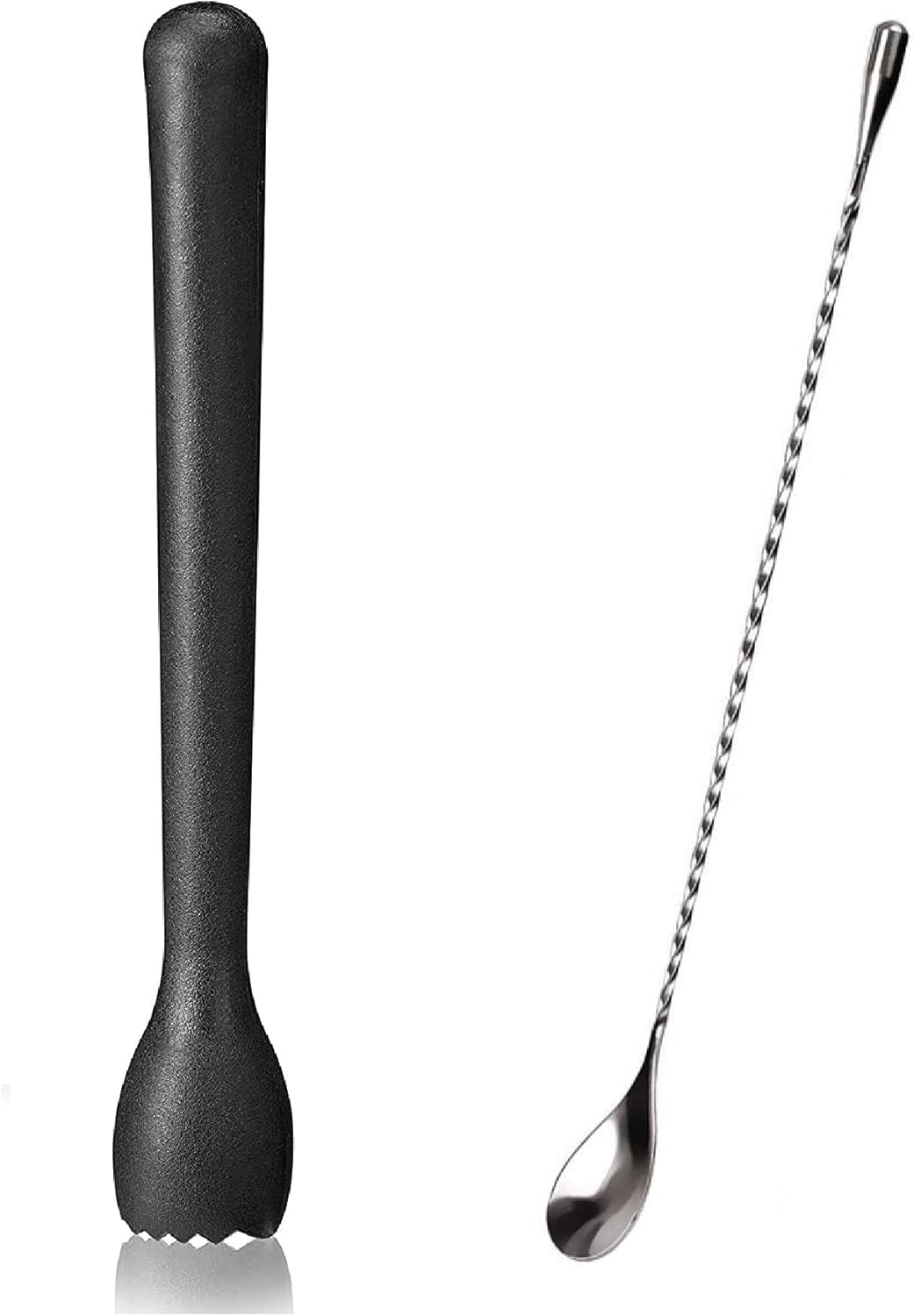 iKonbi Teardrop Bar Spoon and PVC Muddler Set – Stainless Steel, Black, Pack of