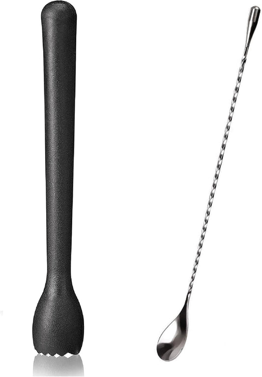 iKonbi Teardrop Bar Spoon and PVC Muddler Set – Stainless Steel, Black, Pack of