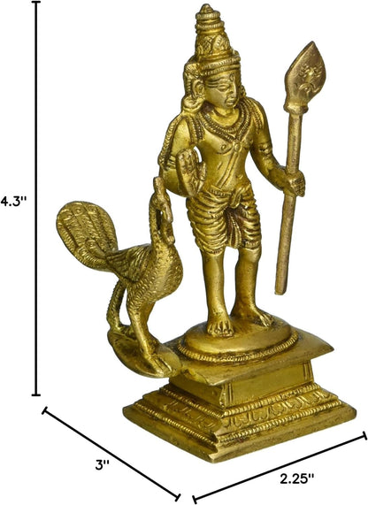 iKonbi Murugan Swami Miniature Statue Brass with Peacock, 2.25 × 3 × 4.3 inches