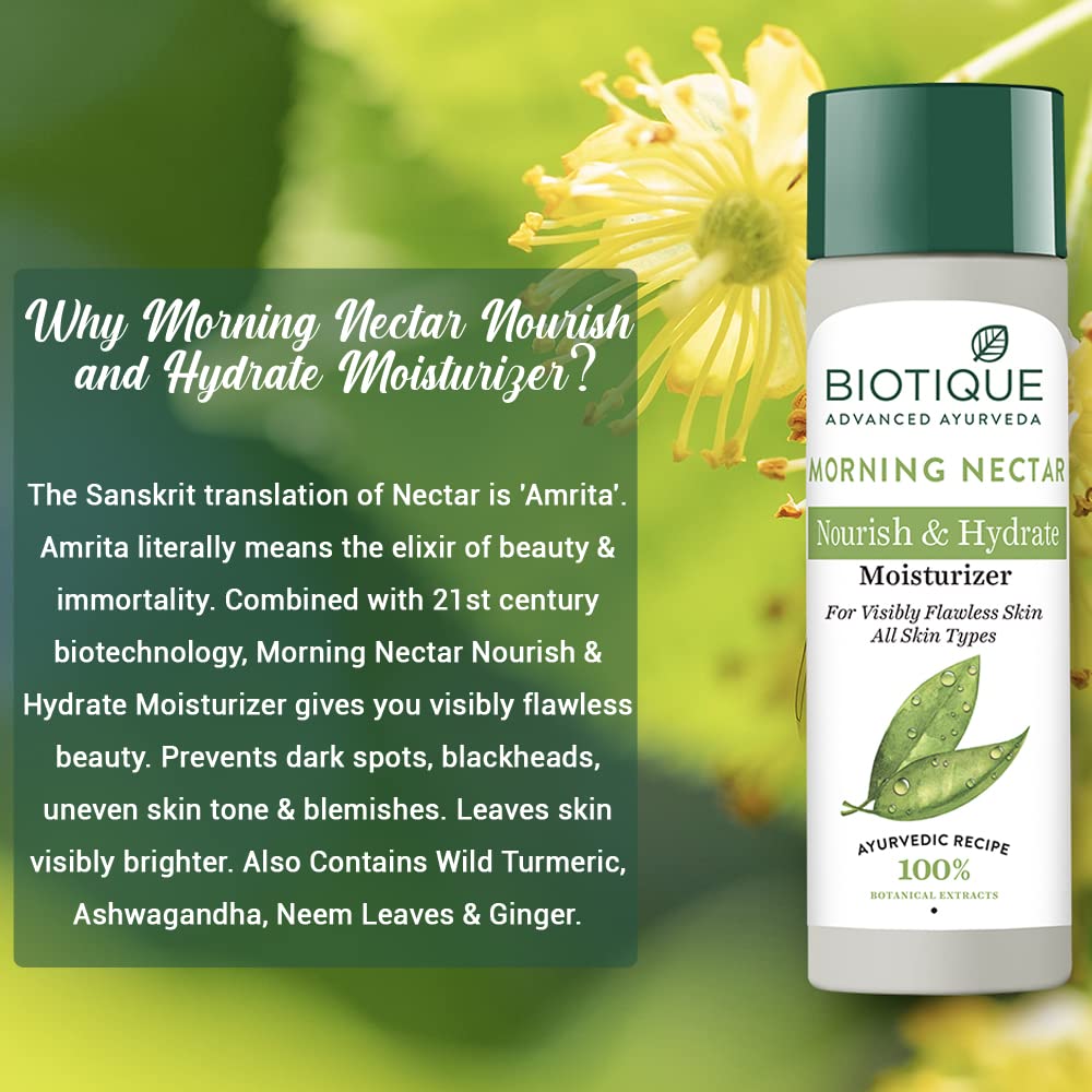 Biotique Morning Nectar Visibly Flawless Skin Moisturizer 120 Ml ( 4.05 Oz.) I For All skin Types I See Lighter, Line-less, Replenished Skin