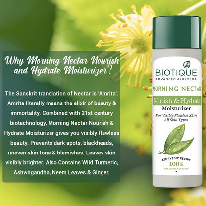Biotique Morning Nectar Visibly Flawless Skin Moisturizer 120 Ml ( 4.05 Oz.) I For All skin Types I See Lighter, Line-less, Replenished Skin