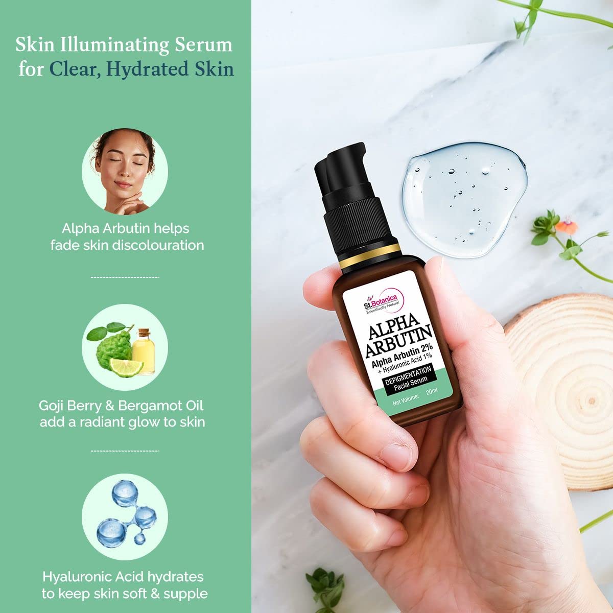 StBotanica Alpha Arbutin 2% + Hyaluronic Acid 1% Face Serum: 20 ml