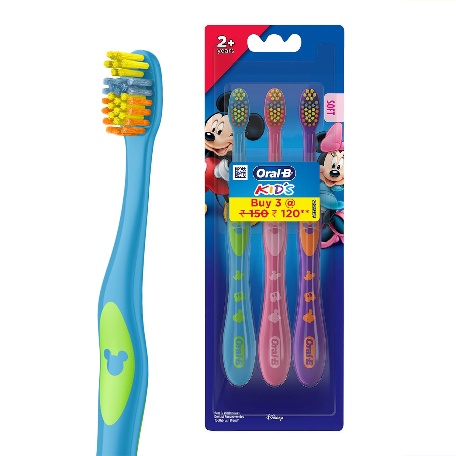 Oral-B Mickey Soft Manual Toothbrush For Kids, Age 2 + years, Soft Bristles For Gentle Cle