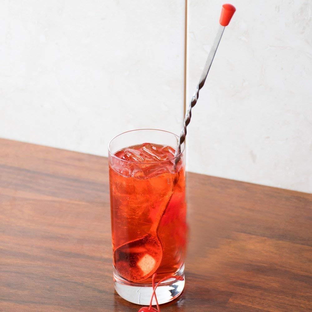 iKonbi Stainless Steel Bar Tool Bar Accessories 11 inches Curvy Design with red or Multi Colour knob bar Cocktail Spoon Bar Spoon Long Spoon Cocktail Mixer Set of 2 Pieces
