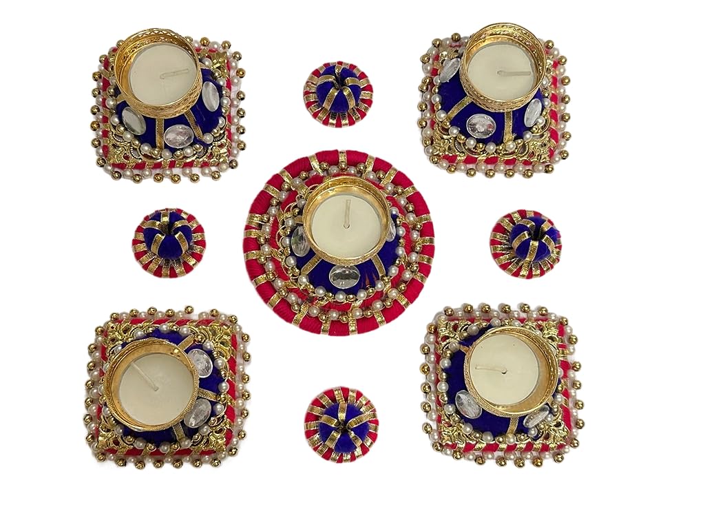 iKonbi Set of 5 Rangoli with Diya Set - Artificial Diamond and Pearls Rangoli with Tealight Festive Decor