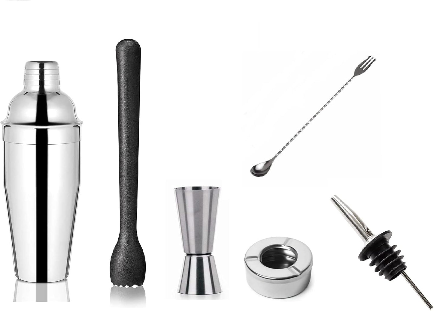 iKonbi Stainless Steel 6 Pcs Professional Bar Set- Cocktail Shaker 750ml, Tall Peg Measure30/60, Fork Bar Spoon, Wine Pourer, PVC Muddler Black, Lid ash Tray