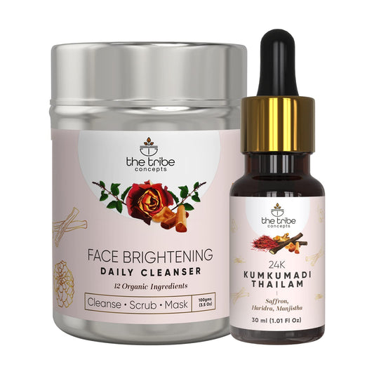 The Tribe Concepts Face Brightening Kit Cleanser 100g tin packaging and 24K Kumkumaki