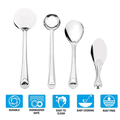 iKonbi 4 Pieces Stainless Steel Cooking and Serving Spoon Set - Oval Basting Spoon, Extra Deep Super Laddle, Basting Jhara, Rice Spoon