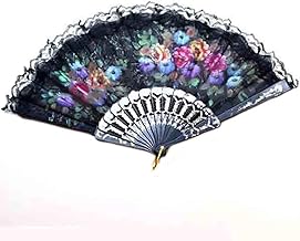 iKonbi Colored Embroidered Flower Pattern Black Silk Cloth Folding Hand Fan for