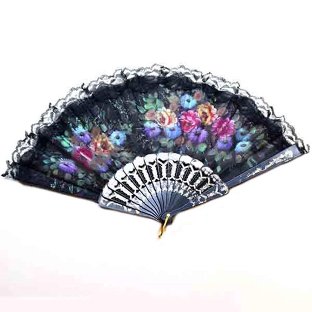 iKonbi Colored Embroidered Flower Pattern Black Silk Cloth Folding Hand Fan for Woman