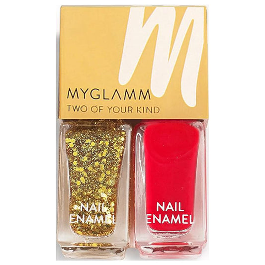 MyGlamm Two Of Your Kind Nail Enamel Duo Glitter Collection-High on Drama (Blood red + Gol