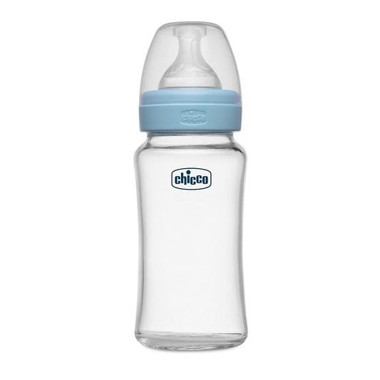 chicco Well-Being Glass Feeding Bottle (240ml, Medium Flow) (Blue)