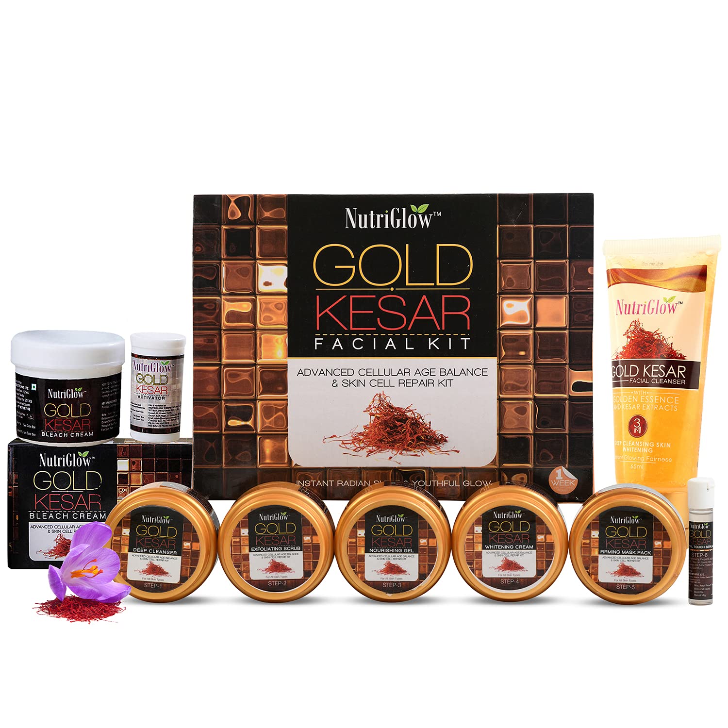 NutriGlow Gold Kesar Facial Kit For Women (260 gm), Bleach Cream (43 gm), Facial Cleanser
