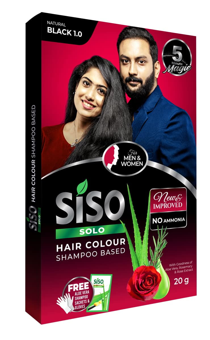 Siso Solo Permanent Hair Color Shampoo 20G For Men & Women, Natural Black 1.0, Ammonia Fre