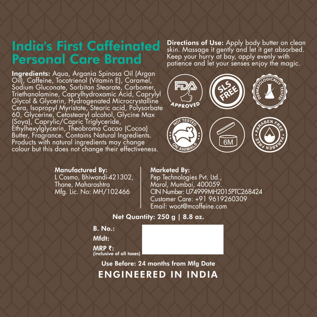 mCaffeine Choco Body Butter: Intense Moisturization, 250 g