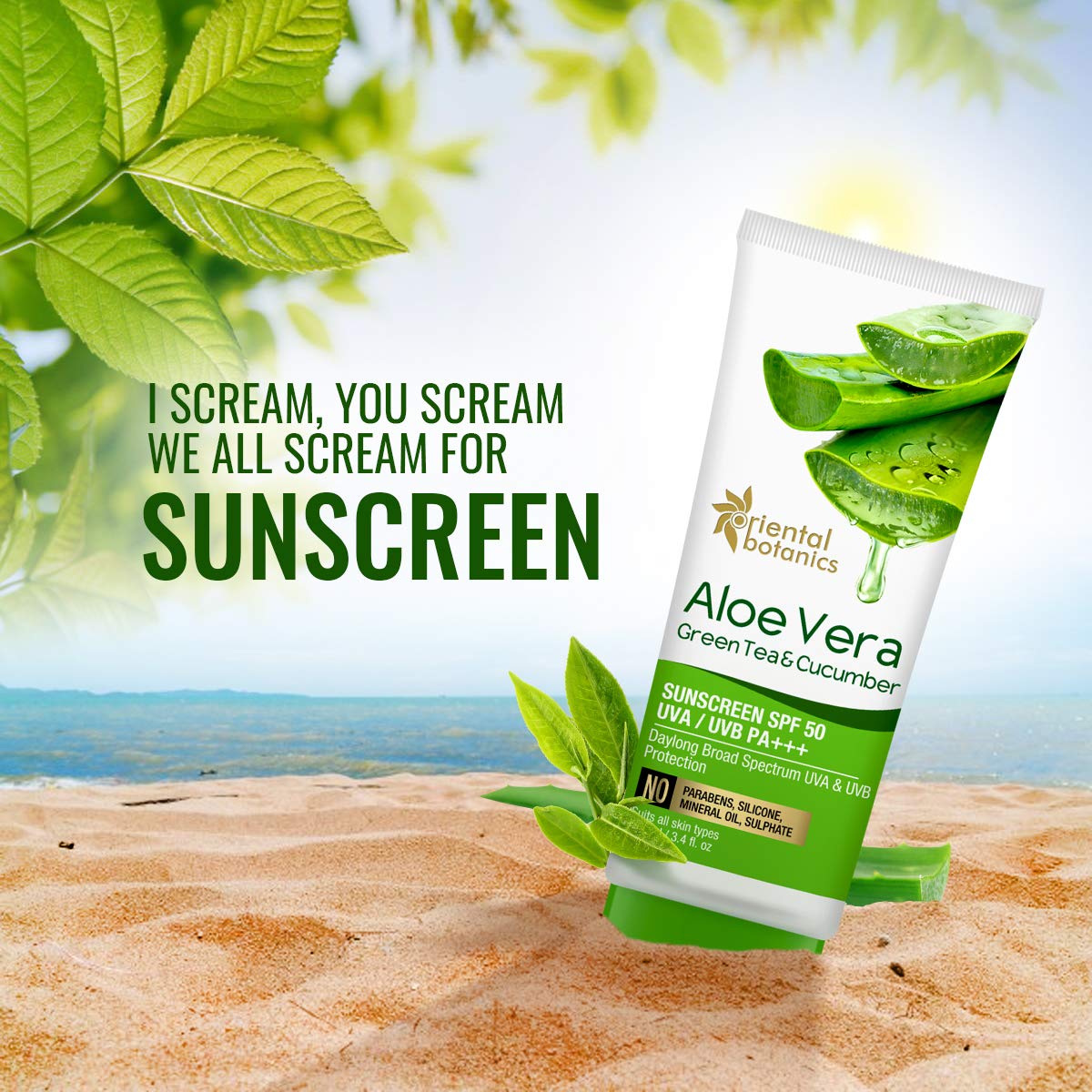 Oriental Botanics Aloe Vera, Green Tea & Cucumber Sunscreen: SPF 50, 100 ml