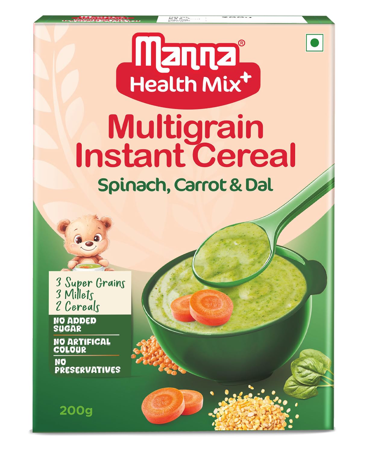 Manna Health Mix Instant Cereal, Spinach, Carrot, Dal with Milk, No Added Sugar, No Artifi