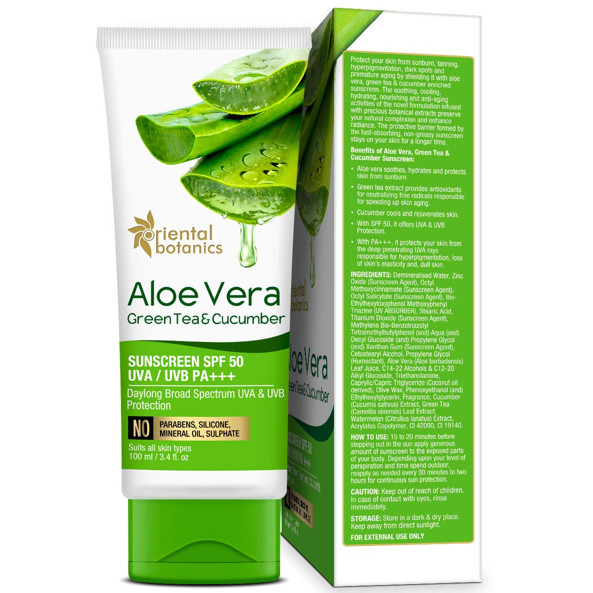 Oriental Botanics Aloe Vera, Green Tea & Cucumber Sunscreen: SPF 50, 100 ml
