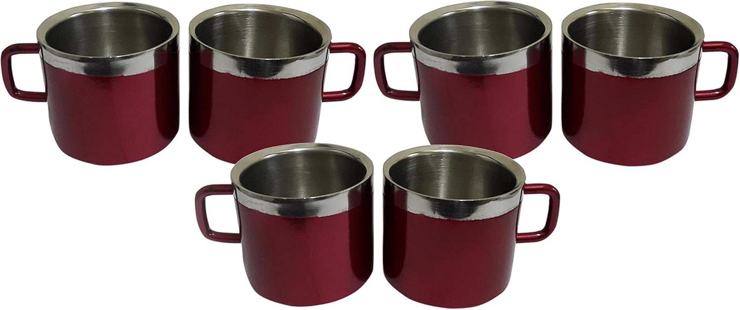 iKonbi Stainless Steel Double Wall Tea Cup Set of 6 Maroon Tea