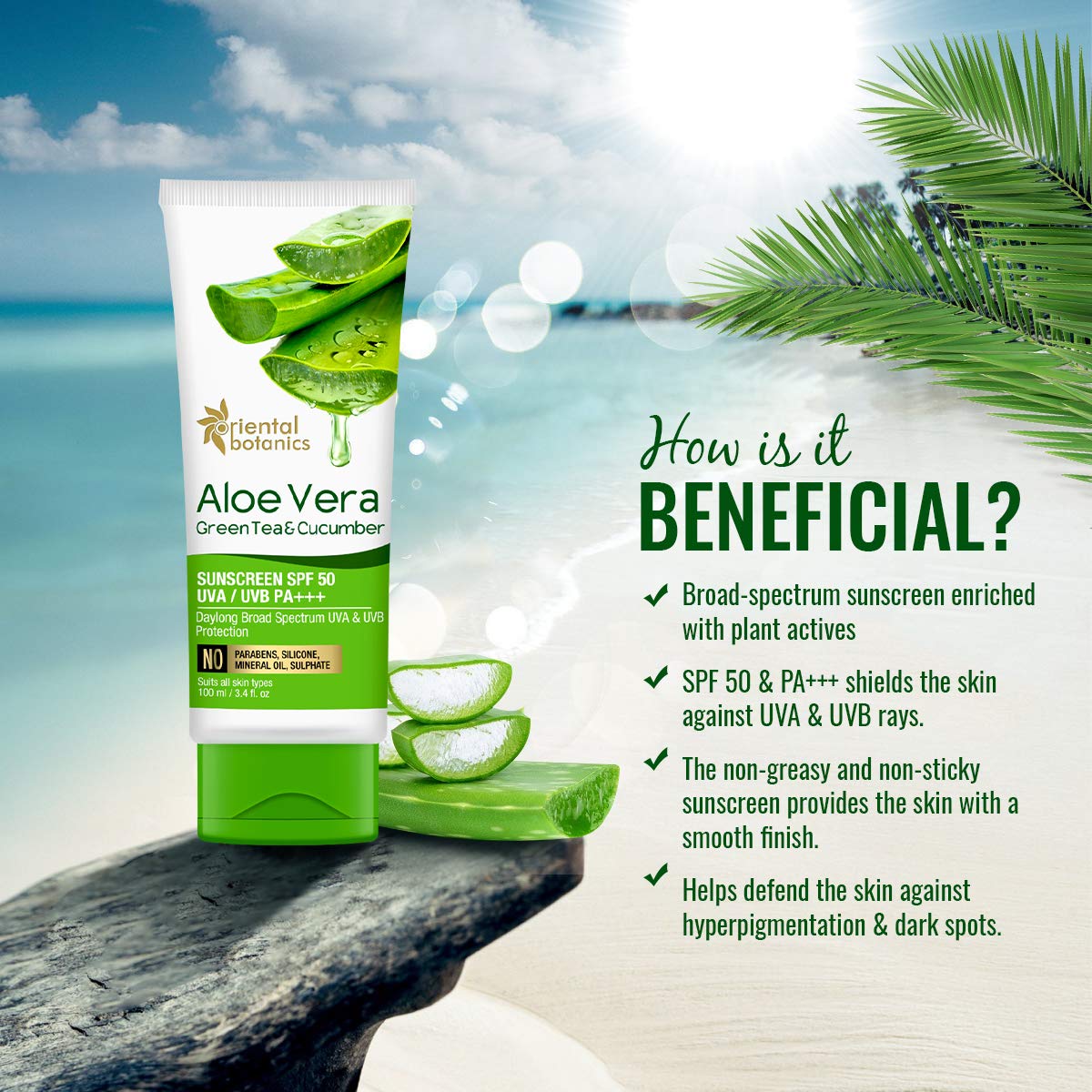 Oriental Botanics Aloe Vera, Green Tea & Cucumber Sunscreen: SPF 50, 100 ml