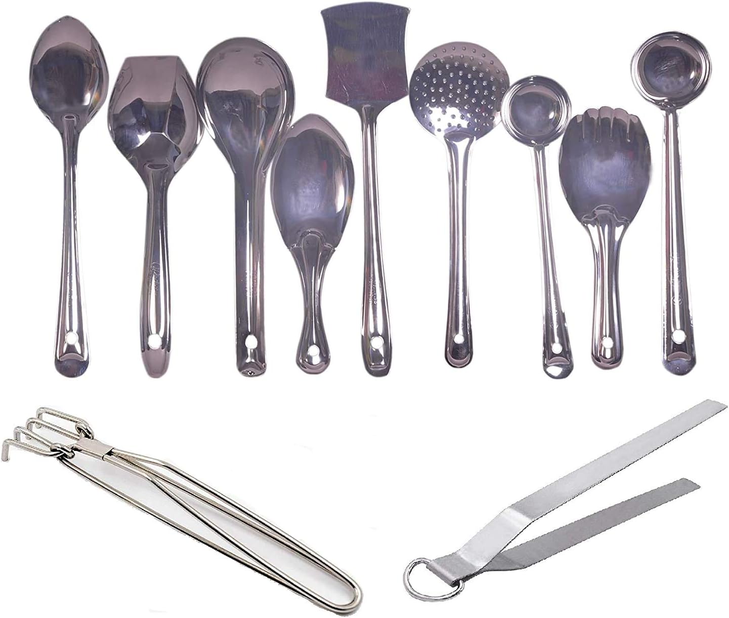 iKonbi Set of 11 Kitchen Serving Tools - Long Vegetable Cooking Pan, Biryani Spoon, Deep Float, Wide Rainbow, Palta, Zara, Small Spoodle, Rice Punja, Big Spoodle,Pakkad and Chimta.