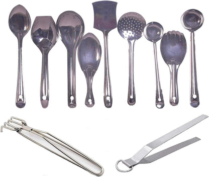 iKonbi Set of 11 Kitchen Serving Tools - Long Vegetable Cooking Pan, Biryani Spoon, Deep Float, Wide Rainbow, Palta, Zara, Small Spoodle, Rice Punja, Big Spoodle,Pakkad and Chimta.