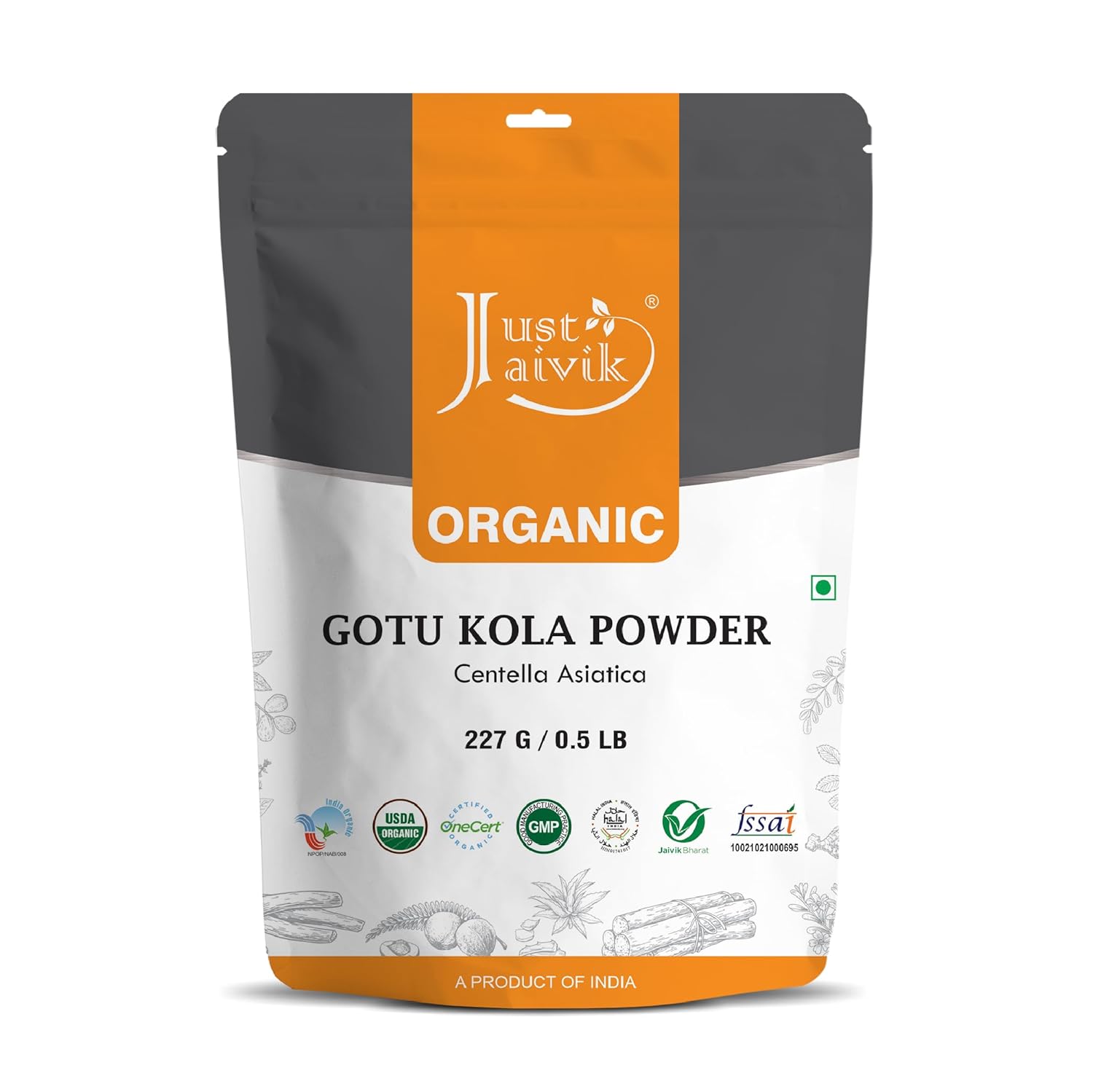 Just Jaivik 100% Organic Gotu Kola Powder, 1/2 Pound - 227g - USDA Organic - Centella Asia