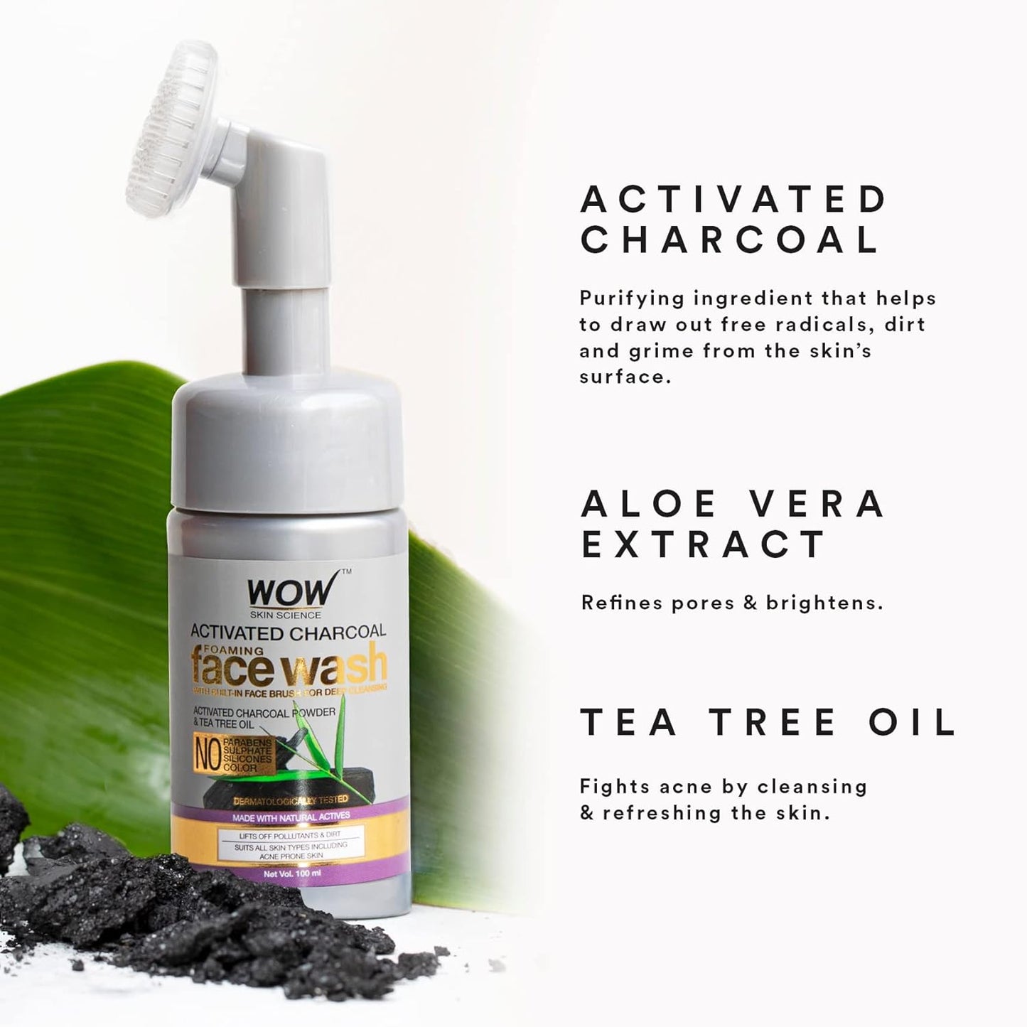 WOW Activated Charcoal Face Wash: With Built-In Brush, 150 ml