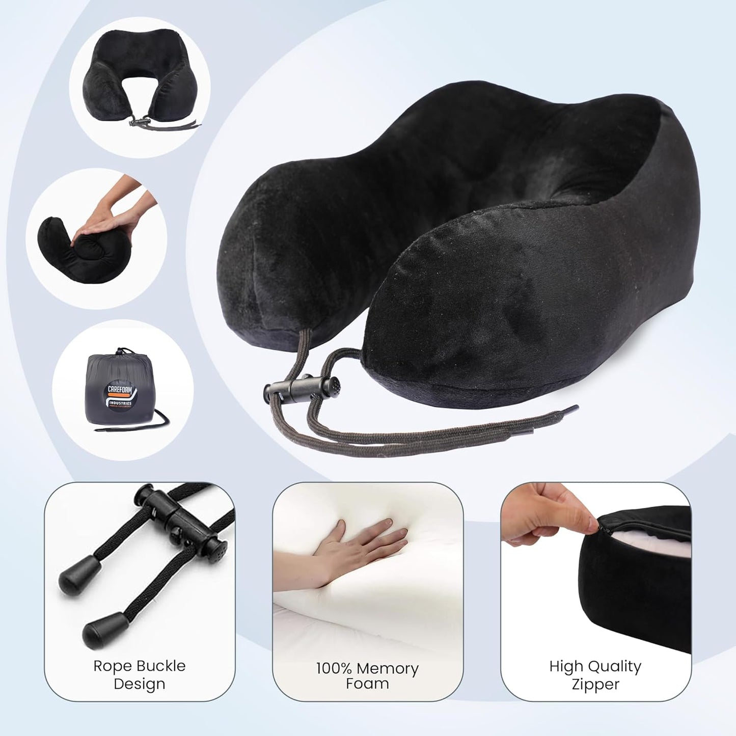 CareFoam Memory Foam Travel Pillow, Comfortable & Supportive Neck Pillow, Pain Relief Sleeping Neck Pillows for Travel, Airplane Pillow for Sleeping Airplane, Car, Office and Home