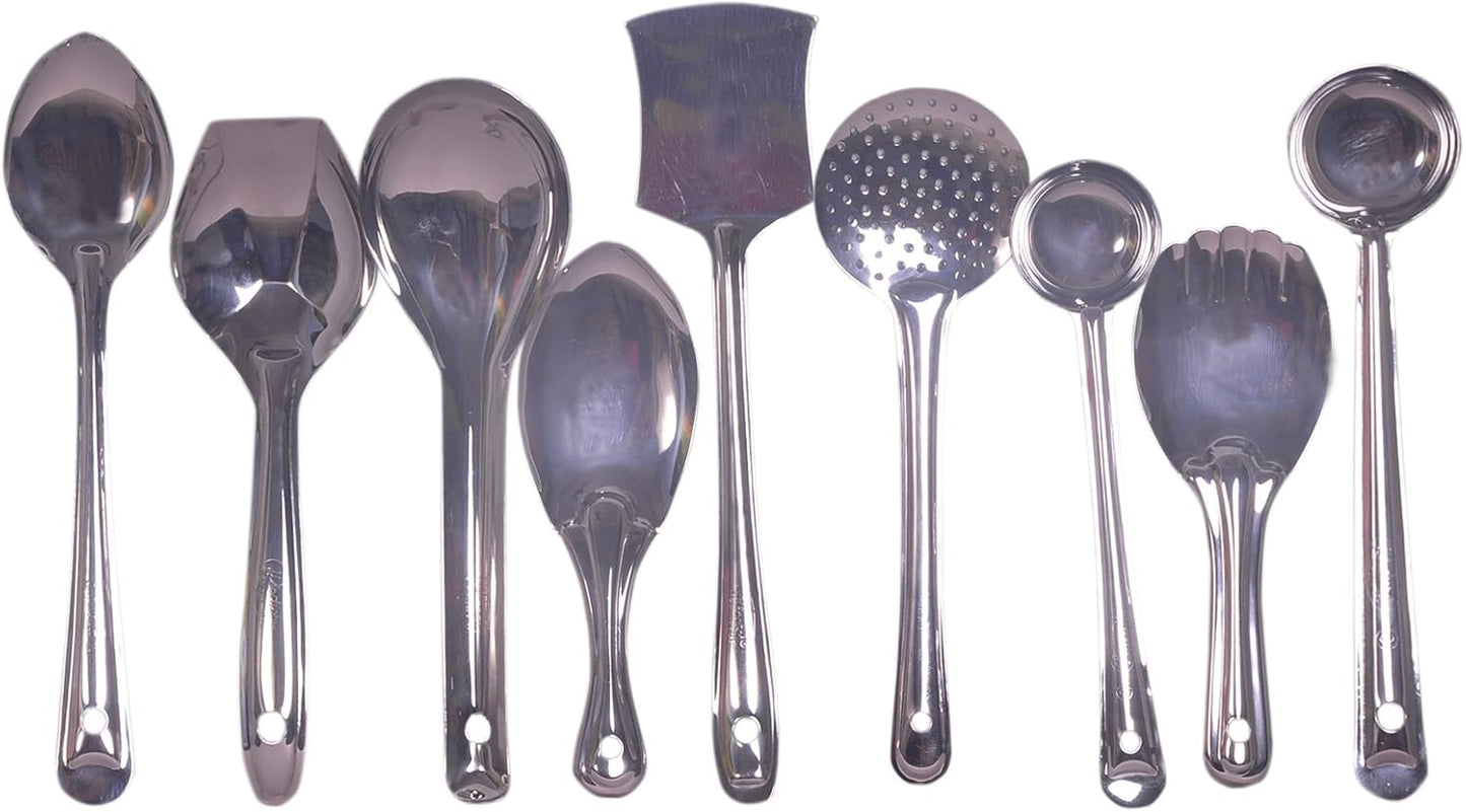 iKonbi Set of 11 Kitchen Serving Tools - Long Vegetable Cooking Pan, Biryani Spoon, Deep Float, Wide Rainbow, Palta, Zara, Small Spoodle, Rice Punja, Big Spoodle,Pakkad and Chimta.