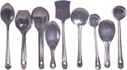 iKonbi Set of 11 Kitchen Serving Tools - Long Vegetable Cooking Pan, Biryani Spoon, Deep Float, Wide Rainbow, Palta, Zara, Small Spoodle, Rice Punja, Big Spoodle,Pakkad and Chimta.