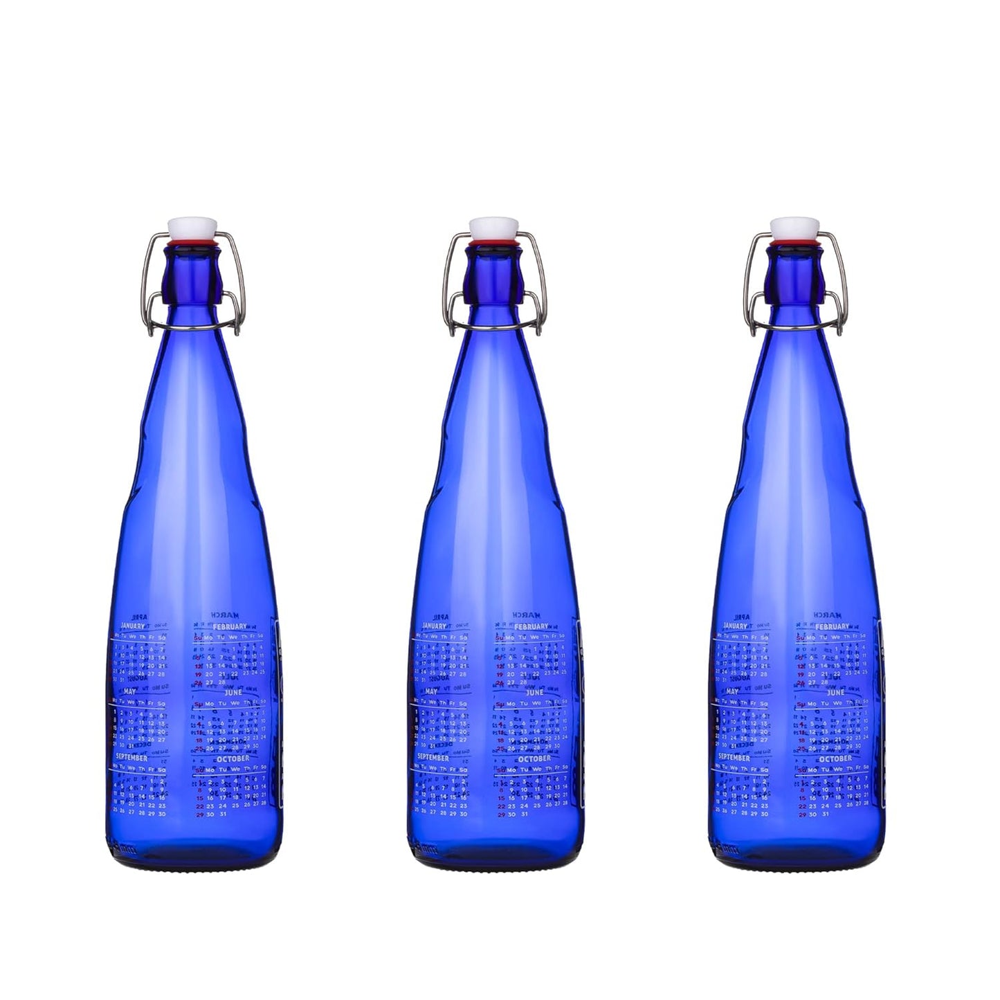 SAND DUNE Glass Water Bottle with 2023 Calendar Printed, Blue Leak Proof Bottle for Water Decorative Calendar Bottle for Office Table or House (1000 ml,