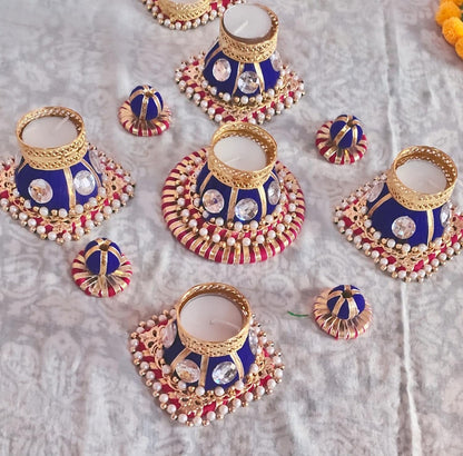 iKonbi Set of 5 Rangoli with Diya Set - Artificial Diamond and Pearls Rangoli with Tealight Festive Decor
