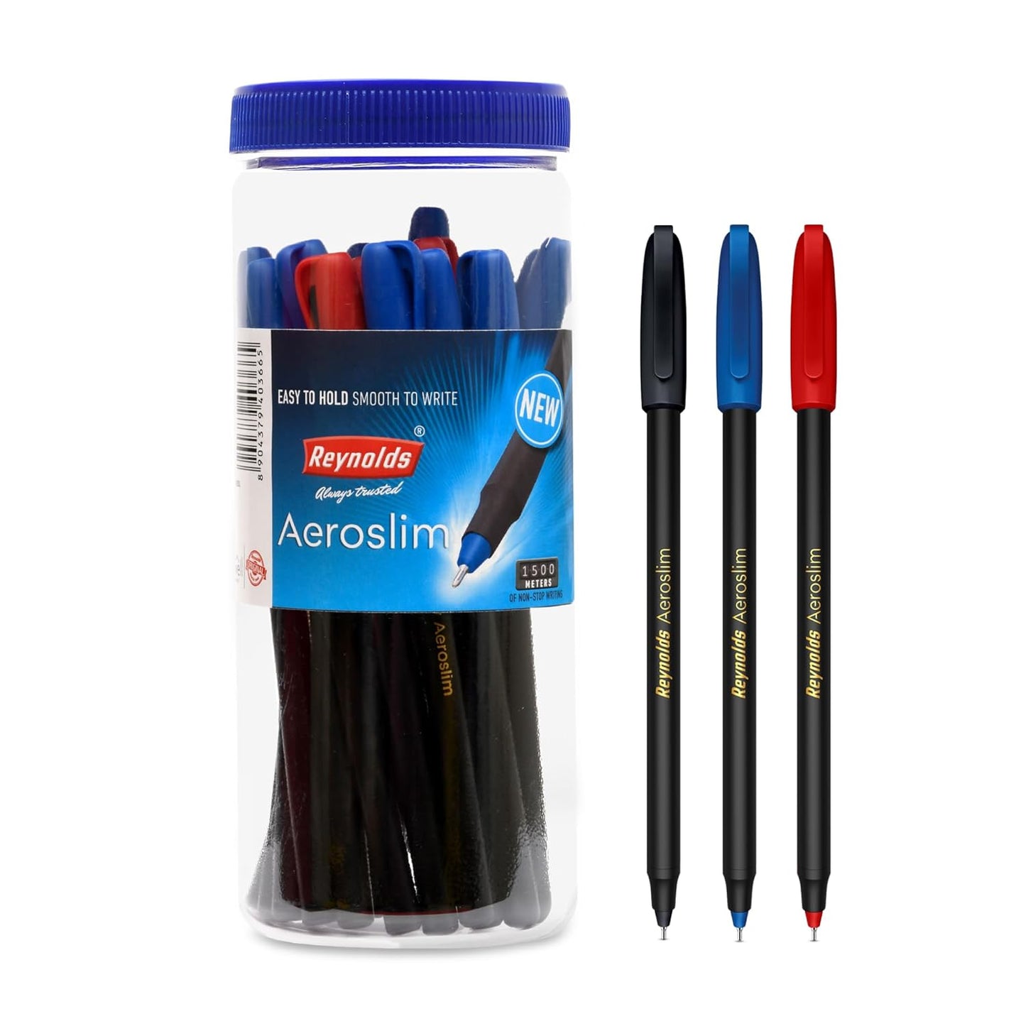 Reynolds AEROSLIM BP 25 CT JAR - 15 BLUE, 5 BLACK & 5 RED | Ball Point Pen Set With Comfor