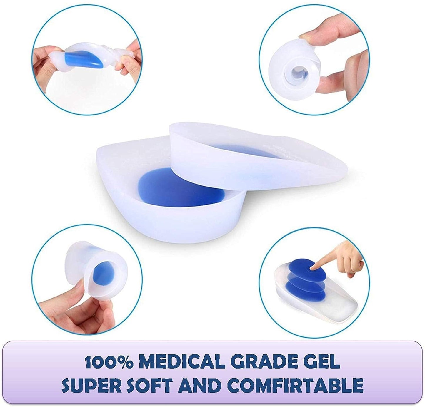 iKonbi Silicone Gel Heel Pads Protector Insole Cups For Plantar Fasciitis Heel Swelling Pain Relief Foot Care Support Cushion - For Men And Women - 1 Pair Standard Free Size